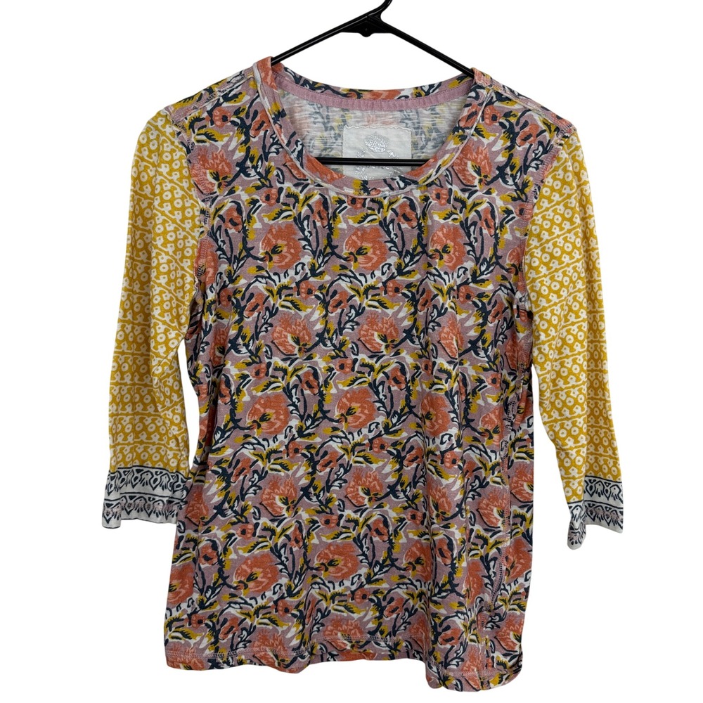 Cino Shirt Women Small Pink Floral Print 3/4 Sleeve Cotton Crew Neck
